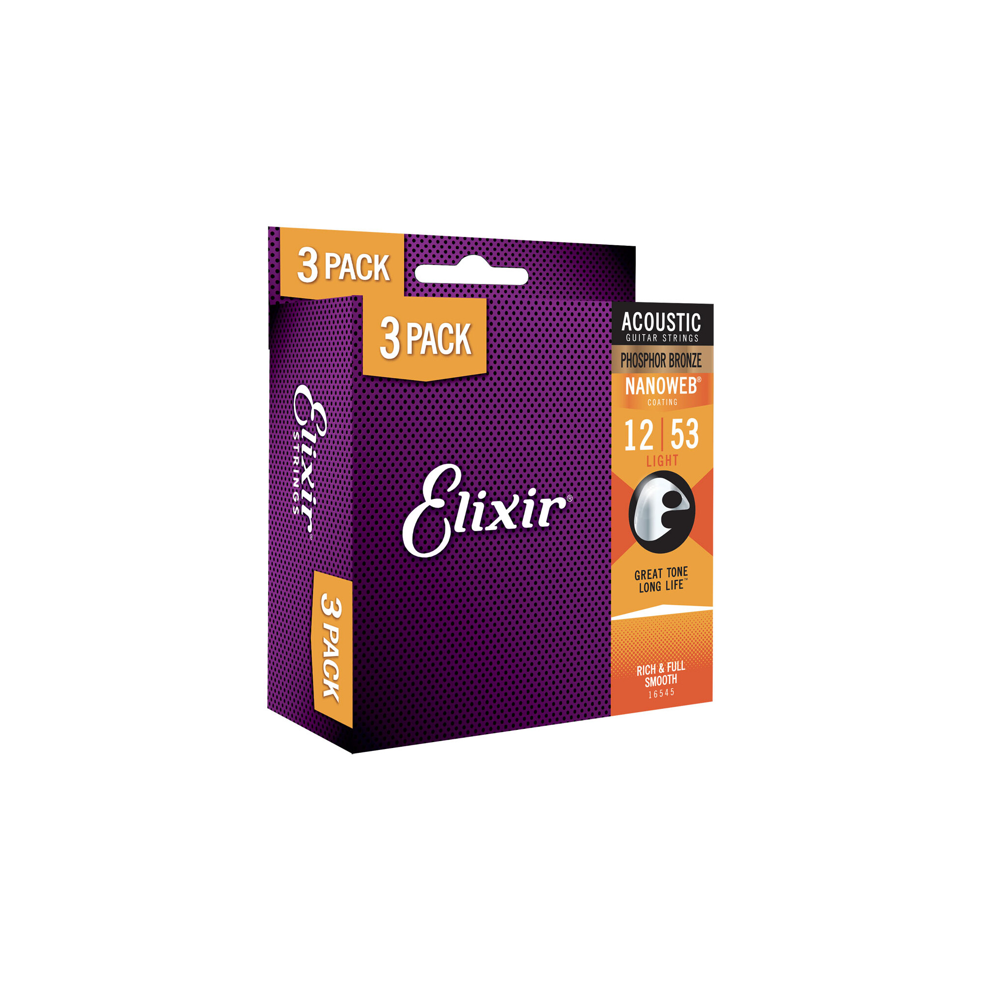 Elixir 16545 Nanoweb 12/53 Phosphor Bronze 3-Pack